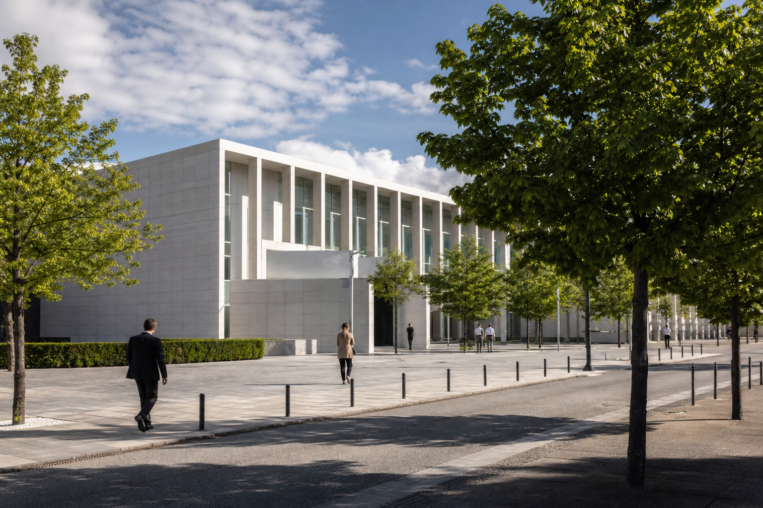 Edifício institucional em Portugal representando a execução de fundos europeus e investimentos públicos, sem texto visível