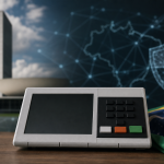 Urna eletrónica brasileira em ambiente institucional, representando o debate sobre soberania e integridade eleitoral