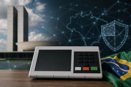 Urna eletrónica brasileira em ambiente institucional, representando o debate sobre soberania e integridade eleitoral