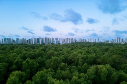 Vista aérea de Fortaleza, com a paisagem urbana integrada a uma área de vegetação.