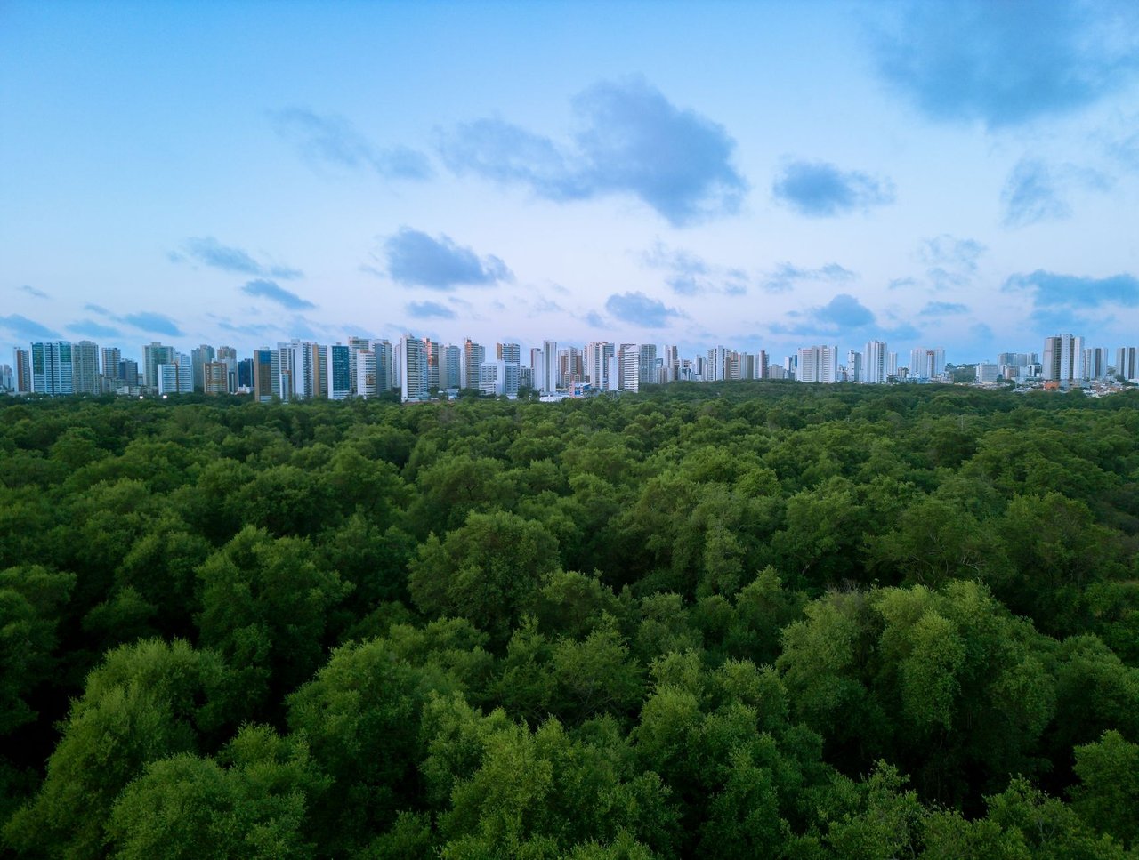 Vista aérea de Fortaleza, com a paisagem urbana integrada a uma área de vegetação.