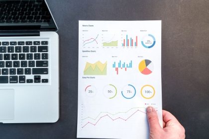 Documentos com gráficos e tabelas ao lado de um computador portátil, representando análise de dados financeiros.