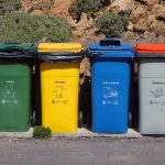 Quatro contentores para separação de vidro, embalagens, papel e resíduos orgânicos instalados ao ar livre.